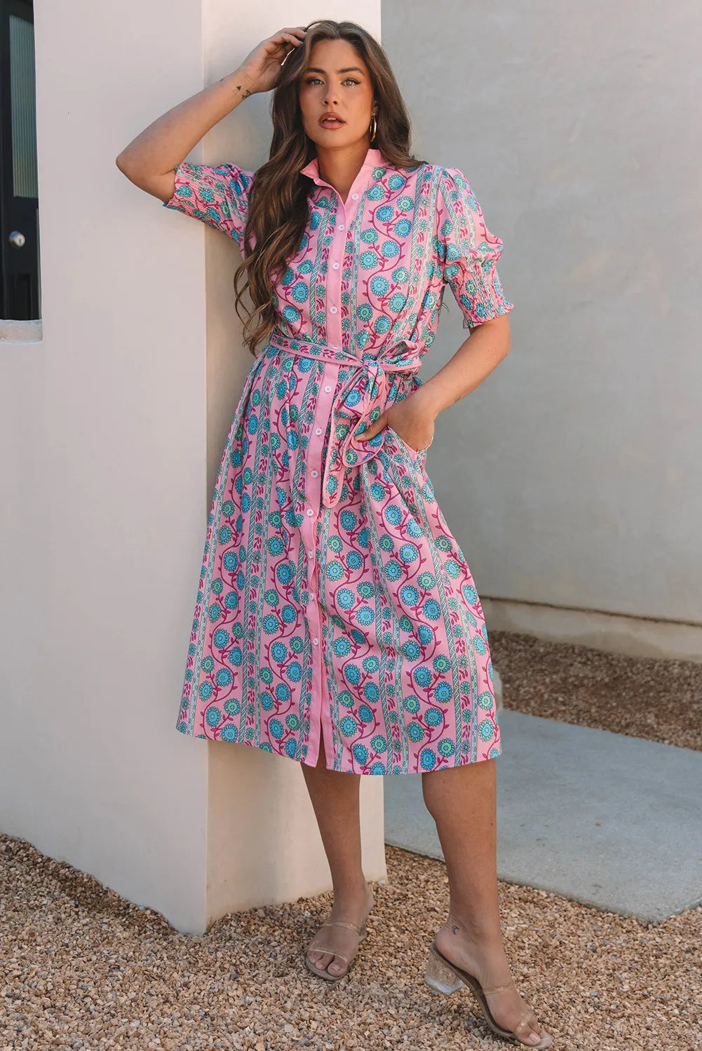 Boho Bloom Button-Down Midi Dress