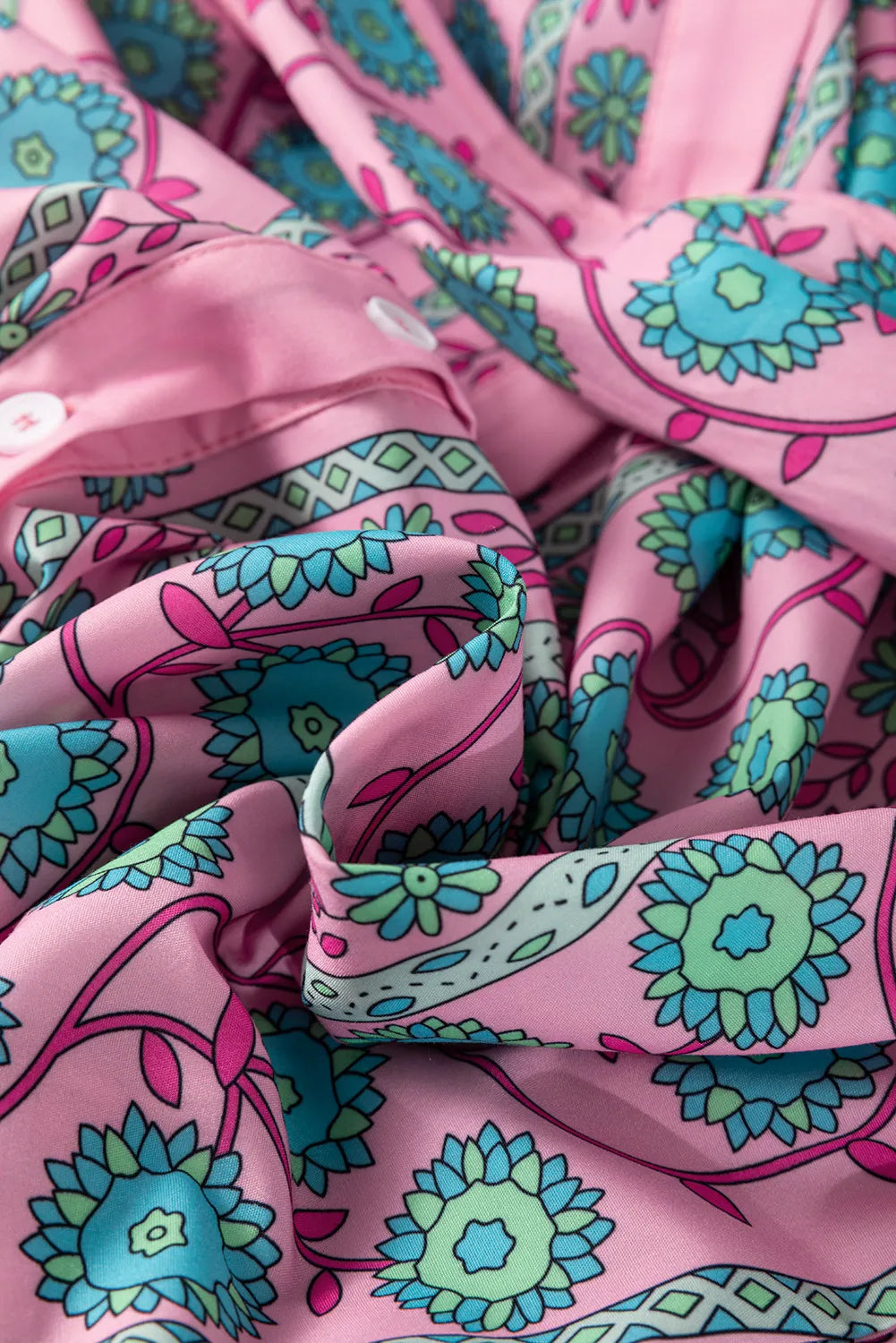 Pink Floral Button-Down Midi Dress with Puff Sleeves and Waist Tie