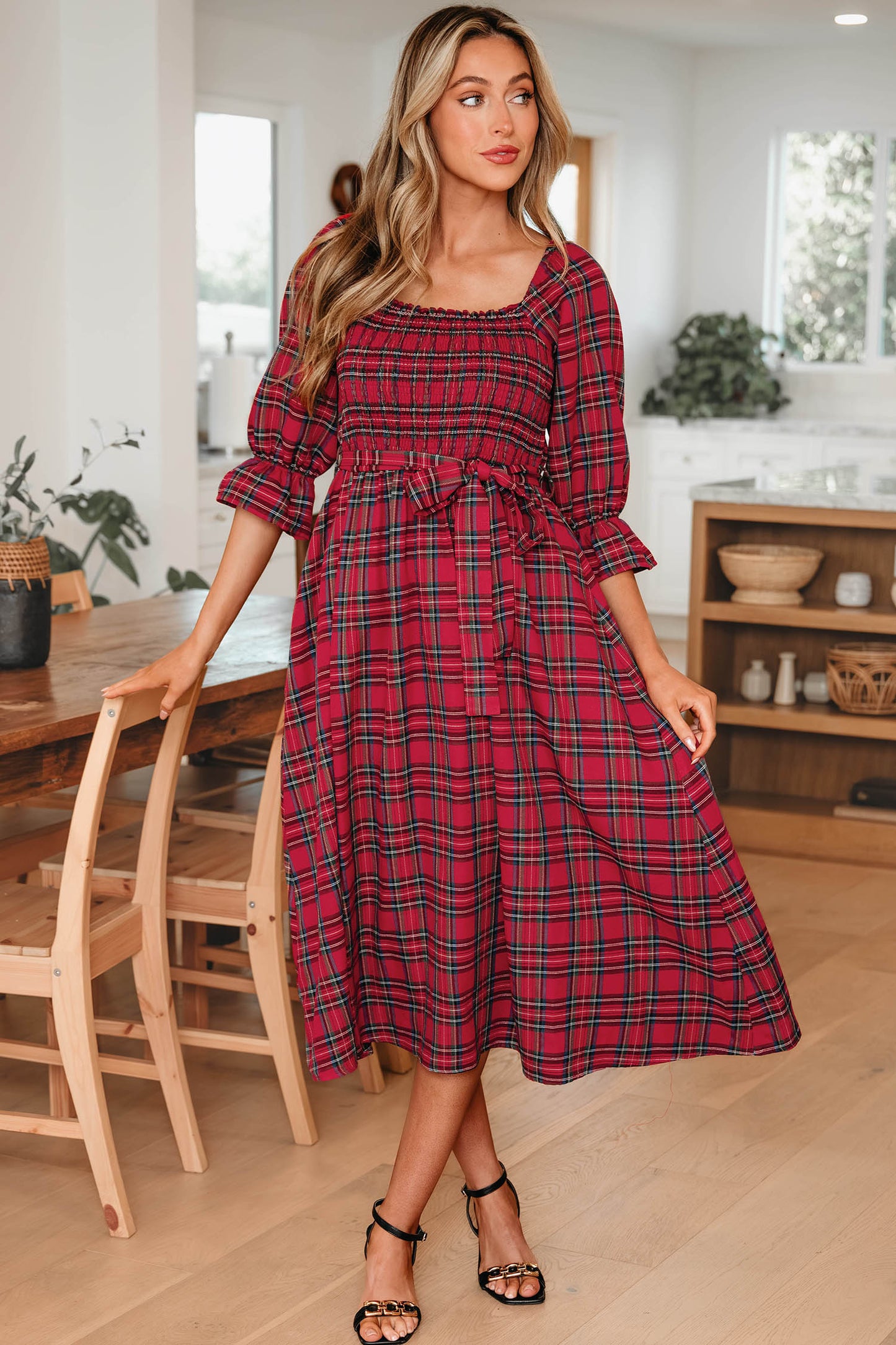 Women's Red Square Neck Puff Sleeve Summer Midi Dress
