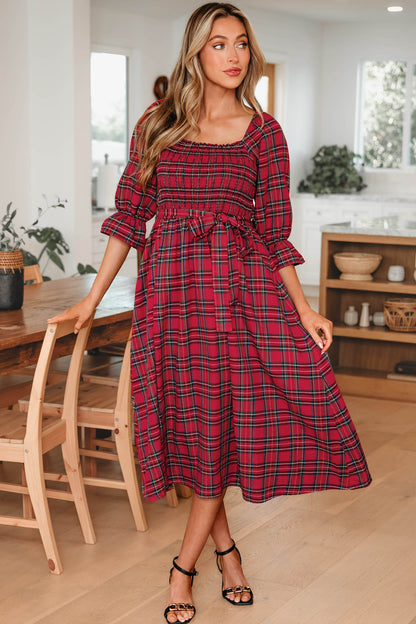 Women's Red Square Neck Puff Sleeve Summer Midi Dress