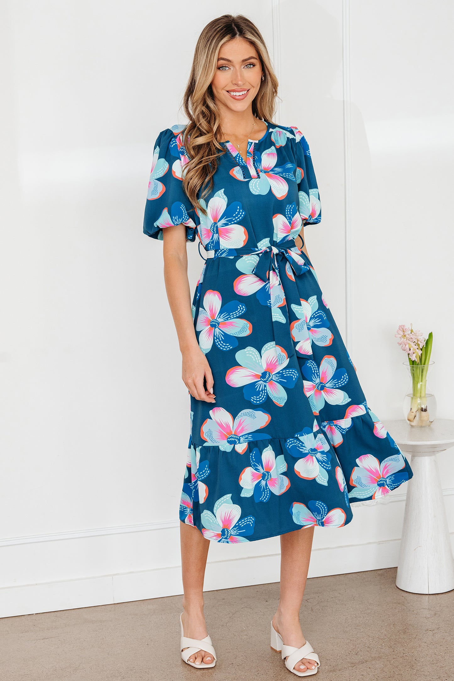 Women's Blue Floral Short Puff Sleeve Summer Midi Dress