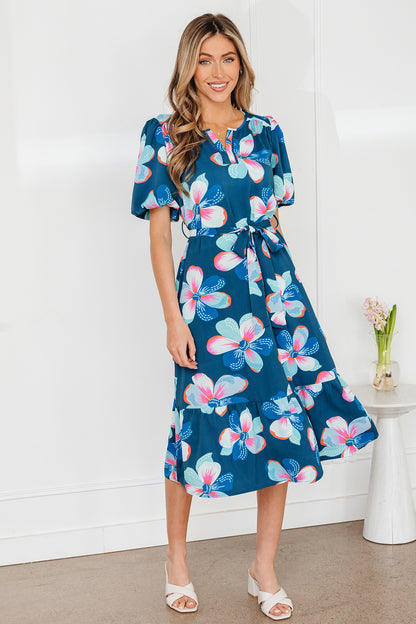Women's Blue Floral Short Puff Sleeve Summer Midi Dress