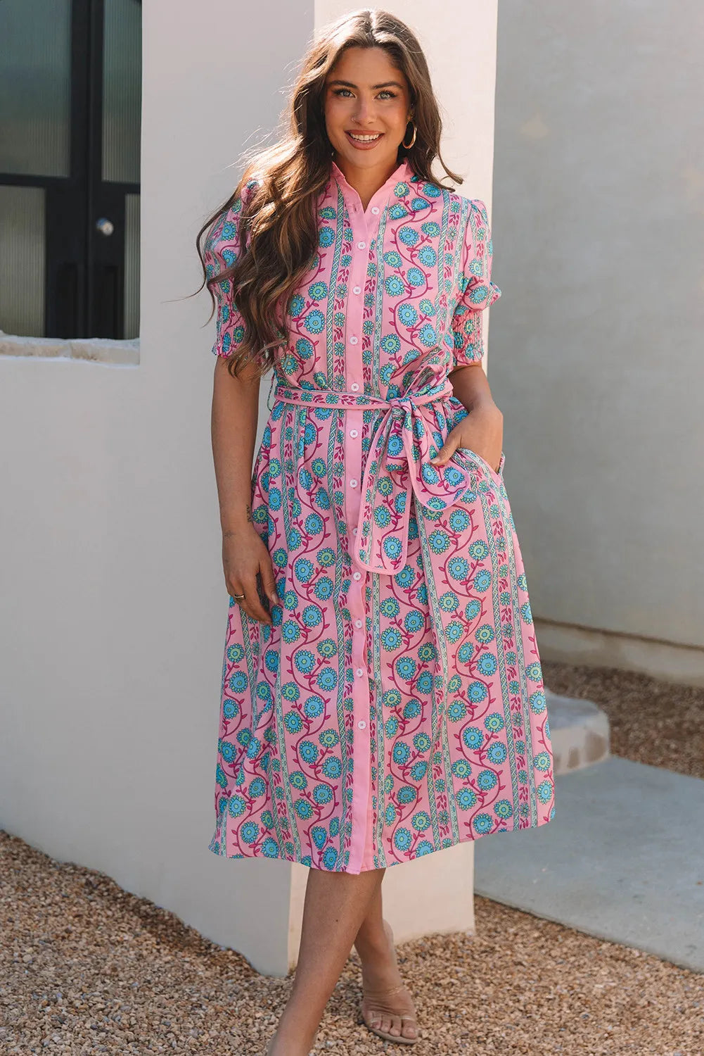Boho Bloom Button-Down Midi Dress