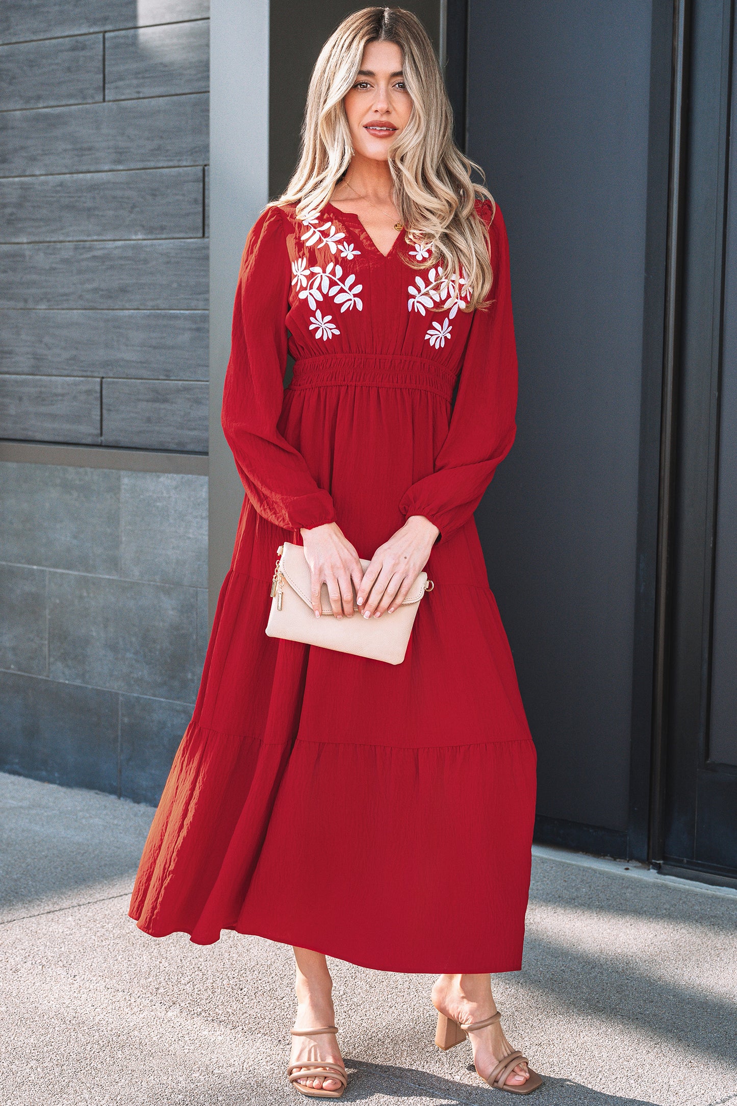Women's Red Long Sleeve Summer Maxi Dress