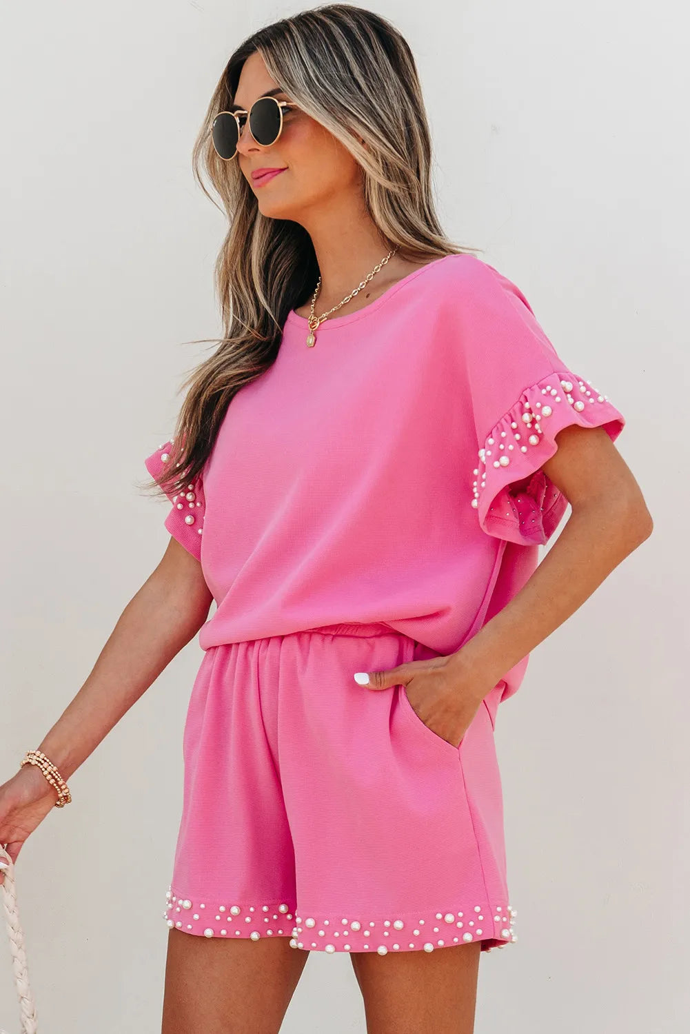 Bright Pink Textured Co-ord Set with Pearled Ruffle Sleeves and Shorts