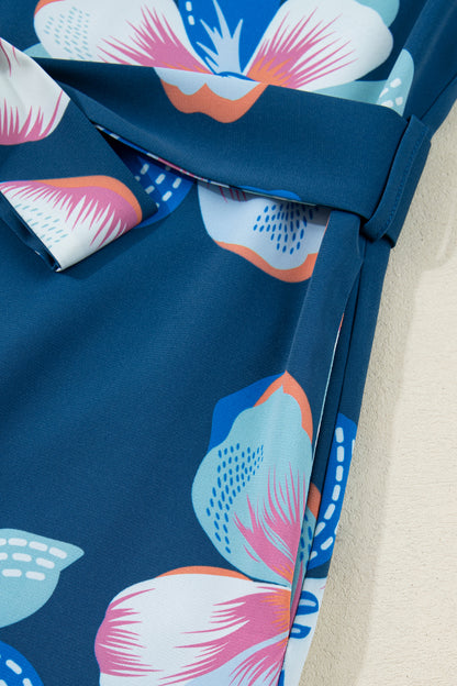 Women's Blue Floral Short Puff Sleeve Summer Midi Dress