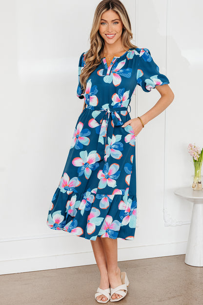Women's Blue Floral Short Puff Sleeve Summer Midi Dress