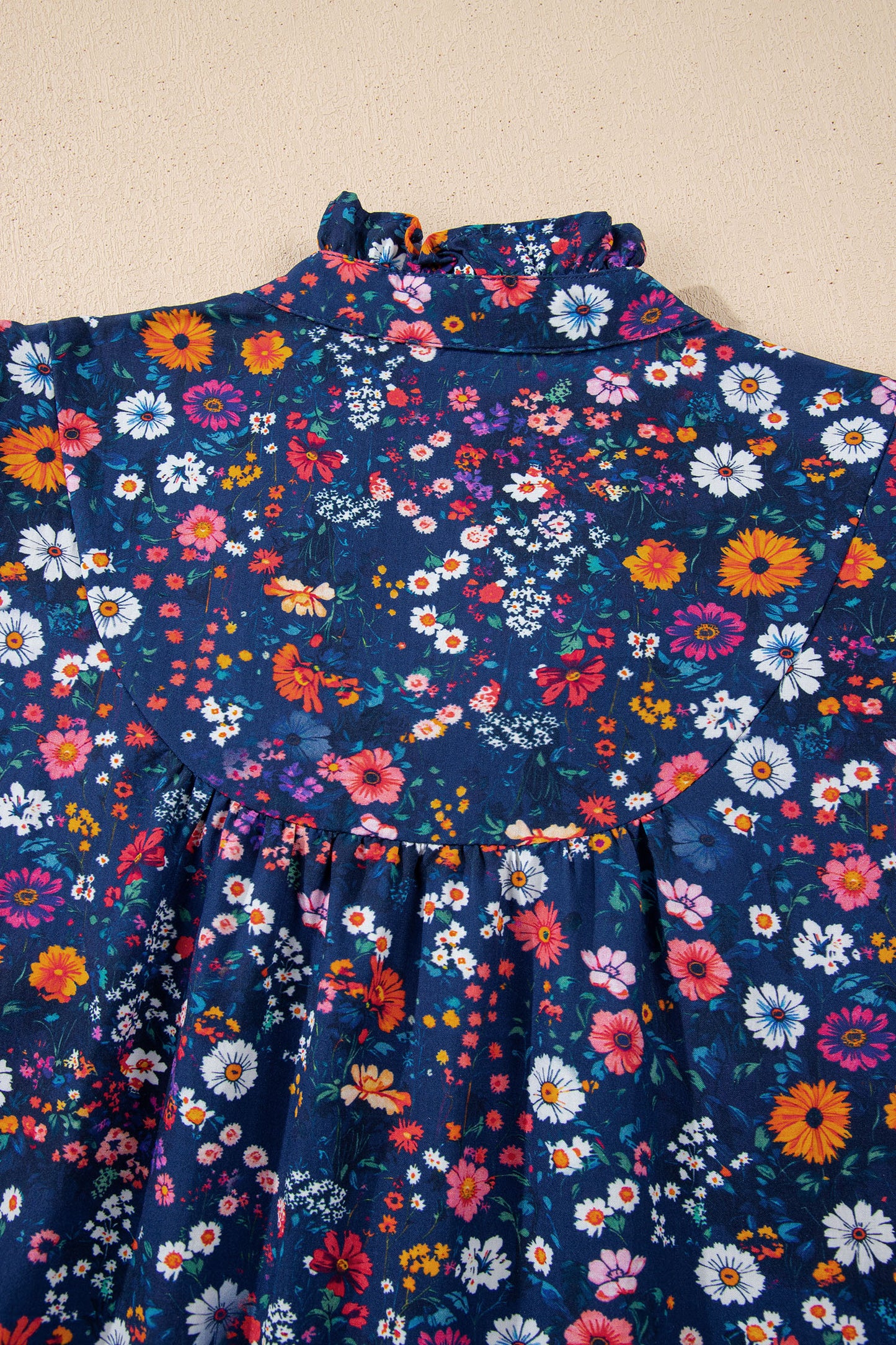 Women's Blue Floral Split Neck Short Puff Sleeve Summer Mini Dress