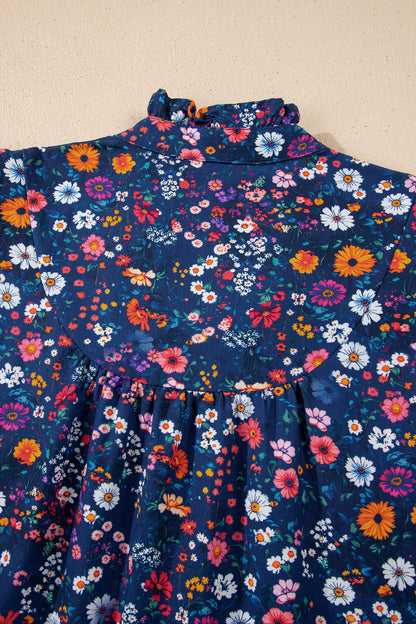 Women's Blue Floral Split Neck Short Puff Sleeve Summer Mini Dress