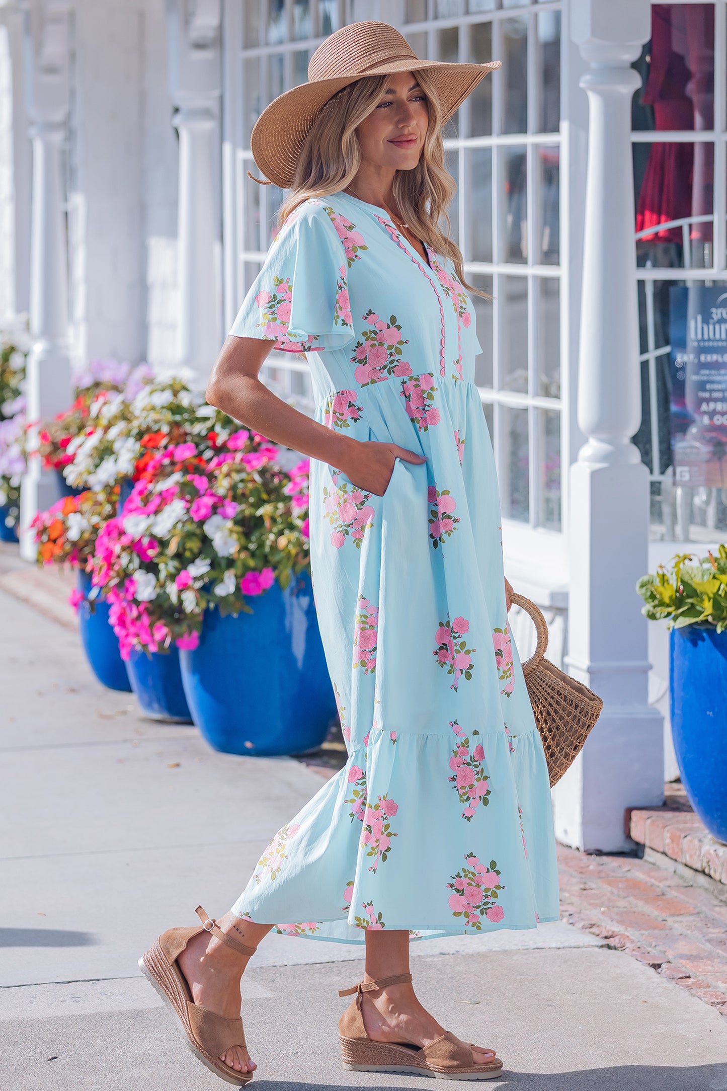 Women's Sky Blue Flutter Short Sleeve Floral Summer Maxi Dress