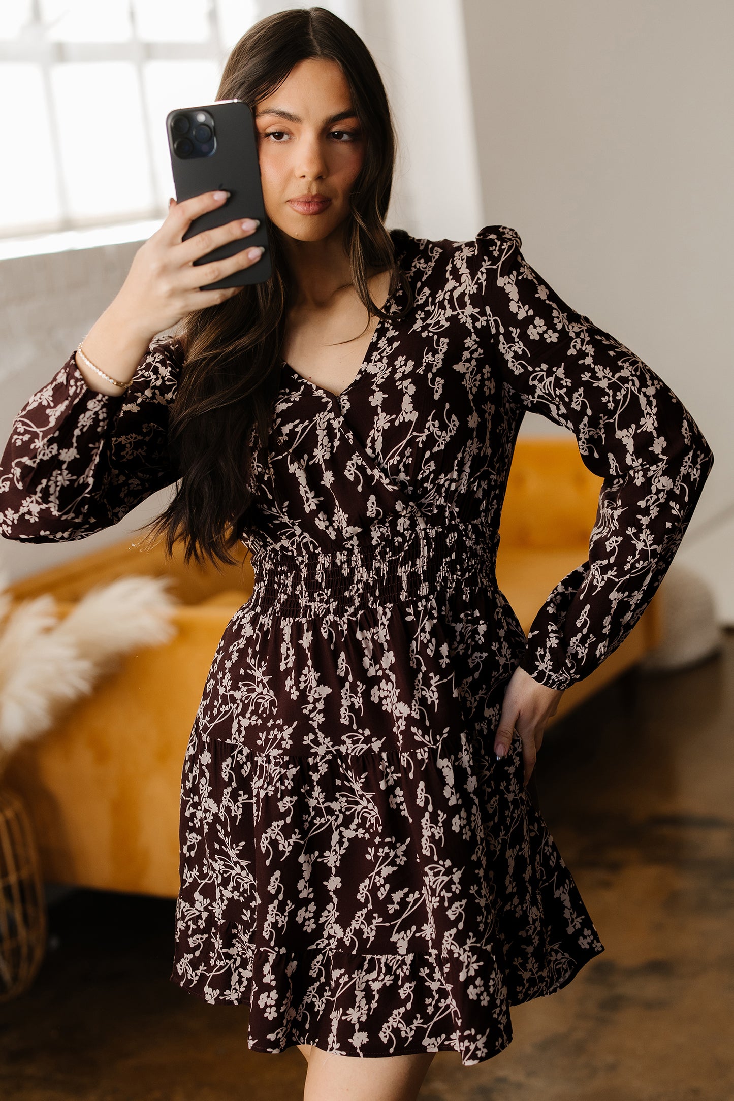 Women's Brown Floral Long Sleeve Summer Mini Dress