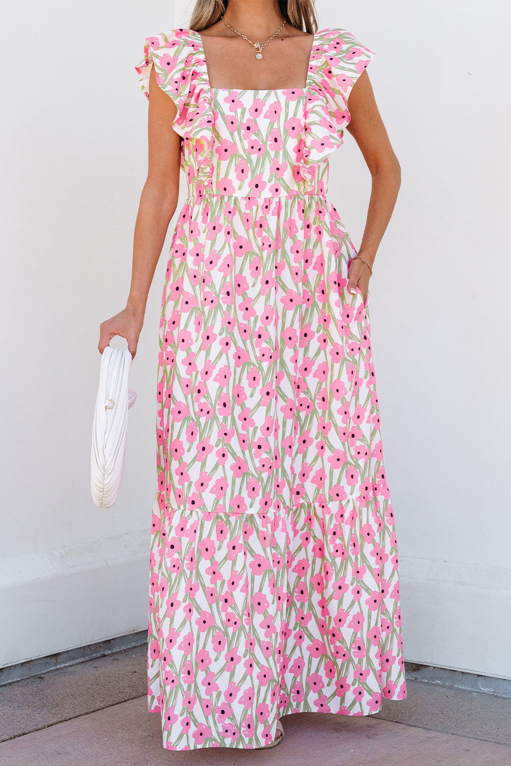 Women's Pink Floral Square Neck Summer Maxi Dress
