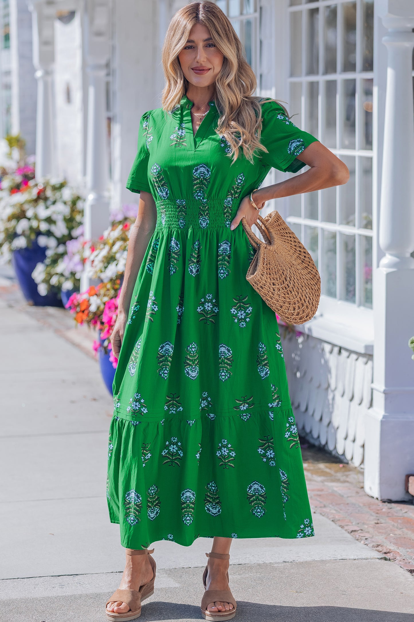 Women's Green Floral High Waist Summer Maxi Dress