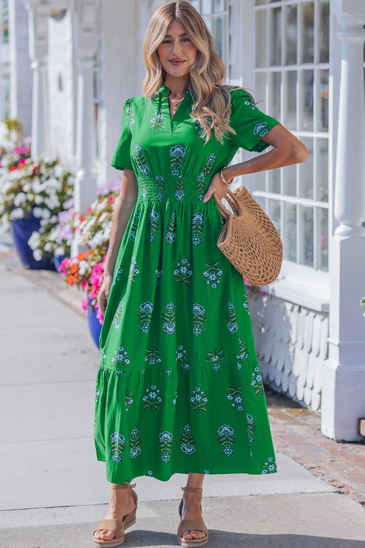 Women's Green Floral High Waist Summer Maxi Dress