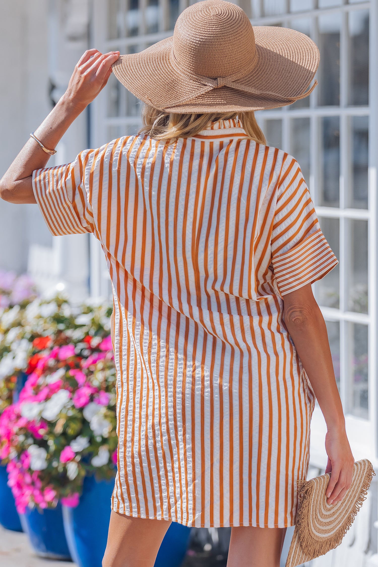 Brown Stripe Pinched V Neck Turn-up Cuffs Shift Mini Dress