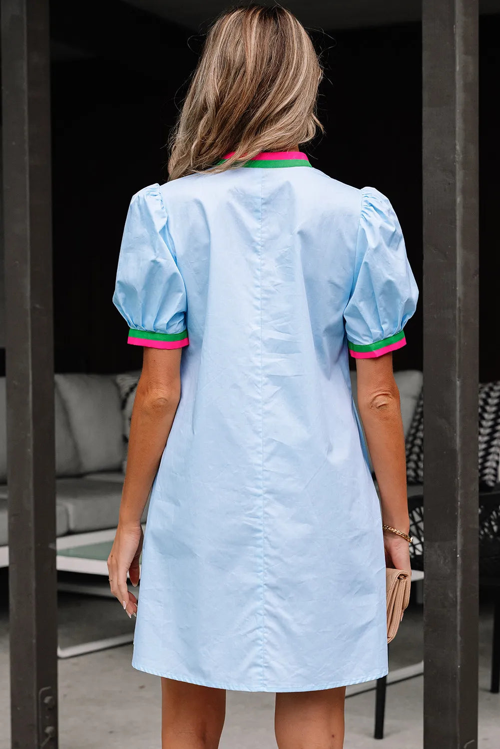 Sky Blue Cotton Puff Sleeve Mini Dress with Colourblock Trim