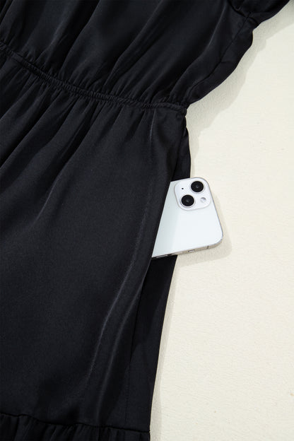 Women's Black Flounced Bracelet Sleeve Summer Midi Dress