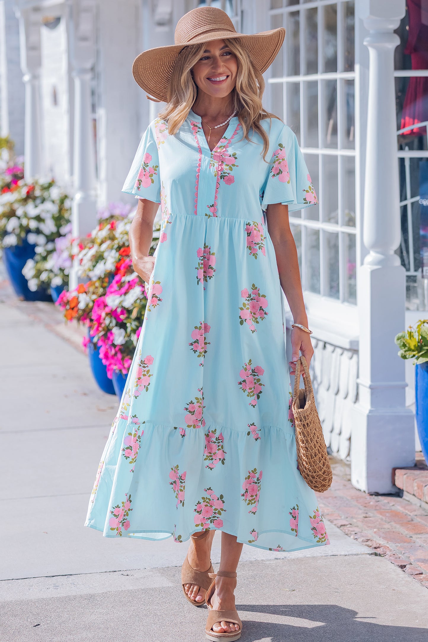 Women's Sky Blue Flutter Short Sleeve Floral Summer Maxi Dress