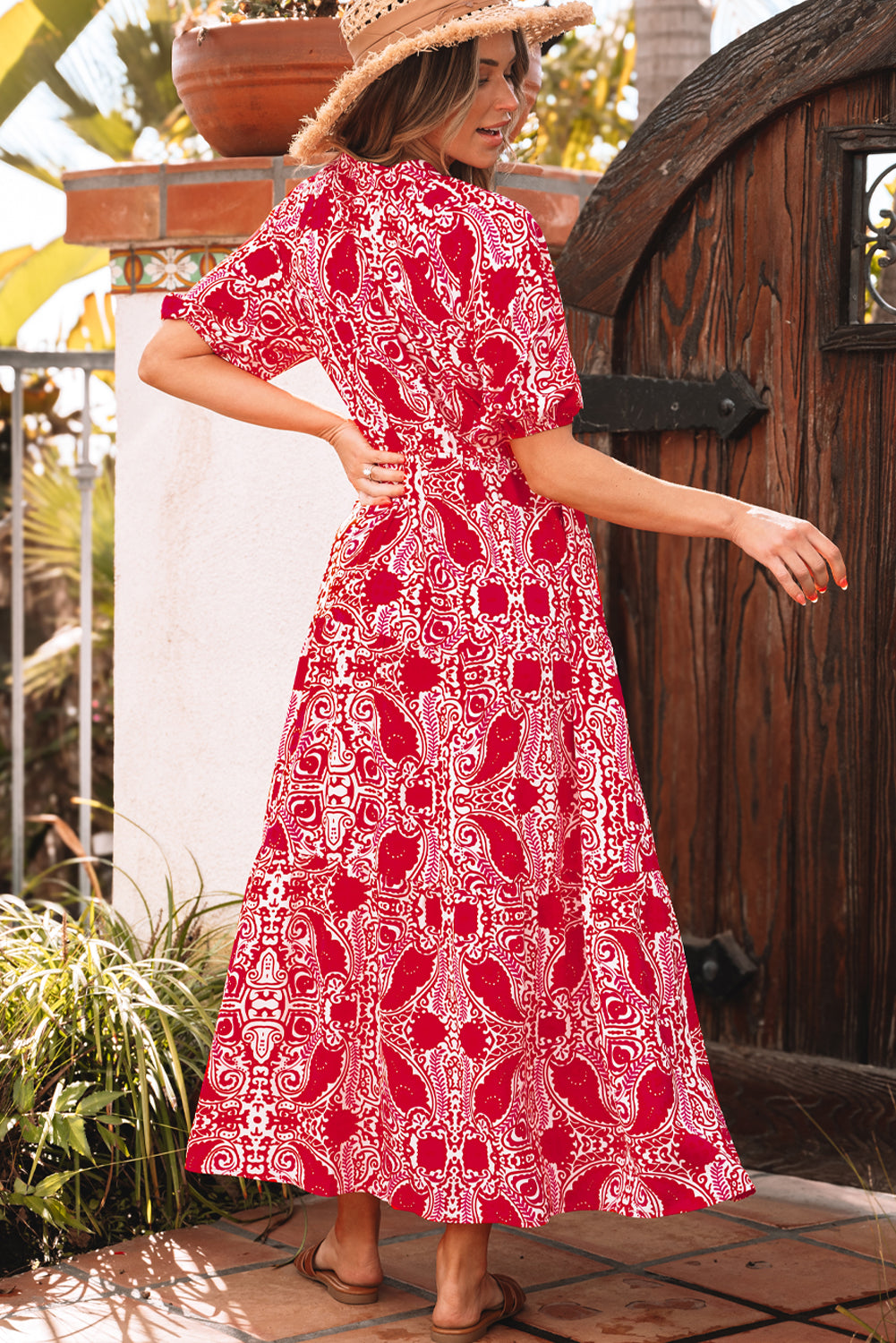 Women's Red Puff Sleeve Summer Maxi Dress
