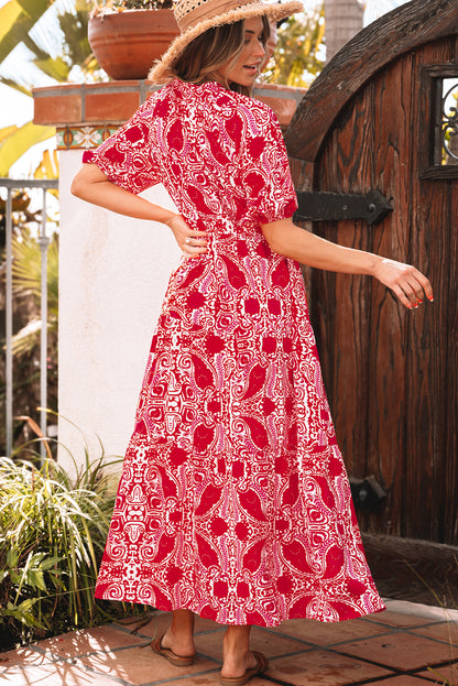 Women's Red Puff Sleeve Summer Maxi Dress