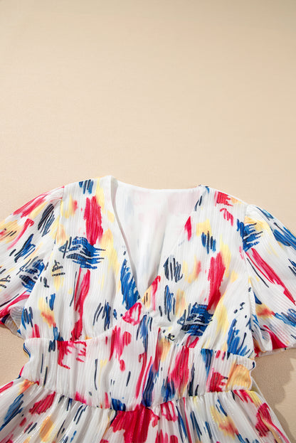 Women's Rose Abstract Print Short Puff Sleeve Summer Maxi Dress
