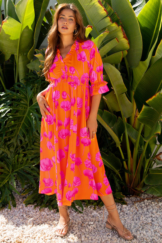 Women's Orange Floral V Neck Summer Midi Dress