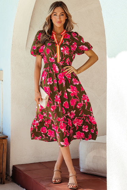 Women's Green Floral Trim Split Neck Short Puff Sleeve Summer Midi Dress