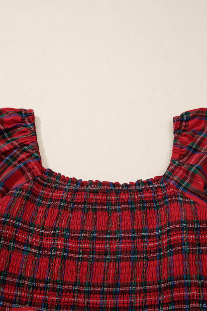 Women's Red Square Neck Puff Sleeve Summer Midi Dress