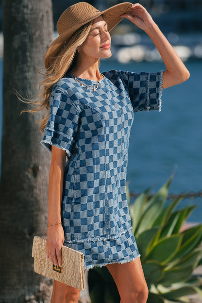 Women's Blue Frayed Hem Checkered Denim Summer Mini Dress