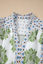 Green Floral Print Contrast Patchwork Ruffle Detail Mini Dress