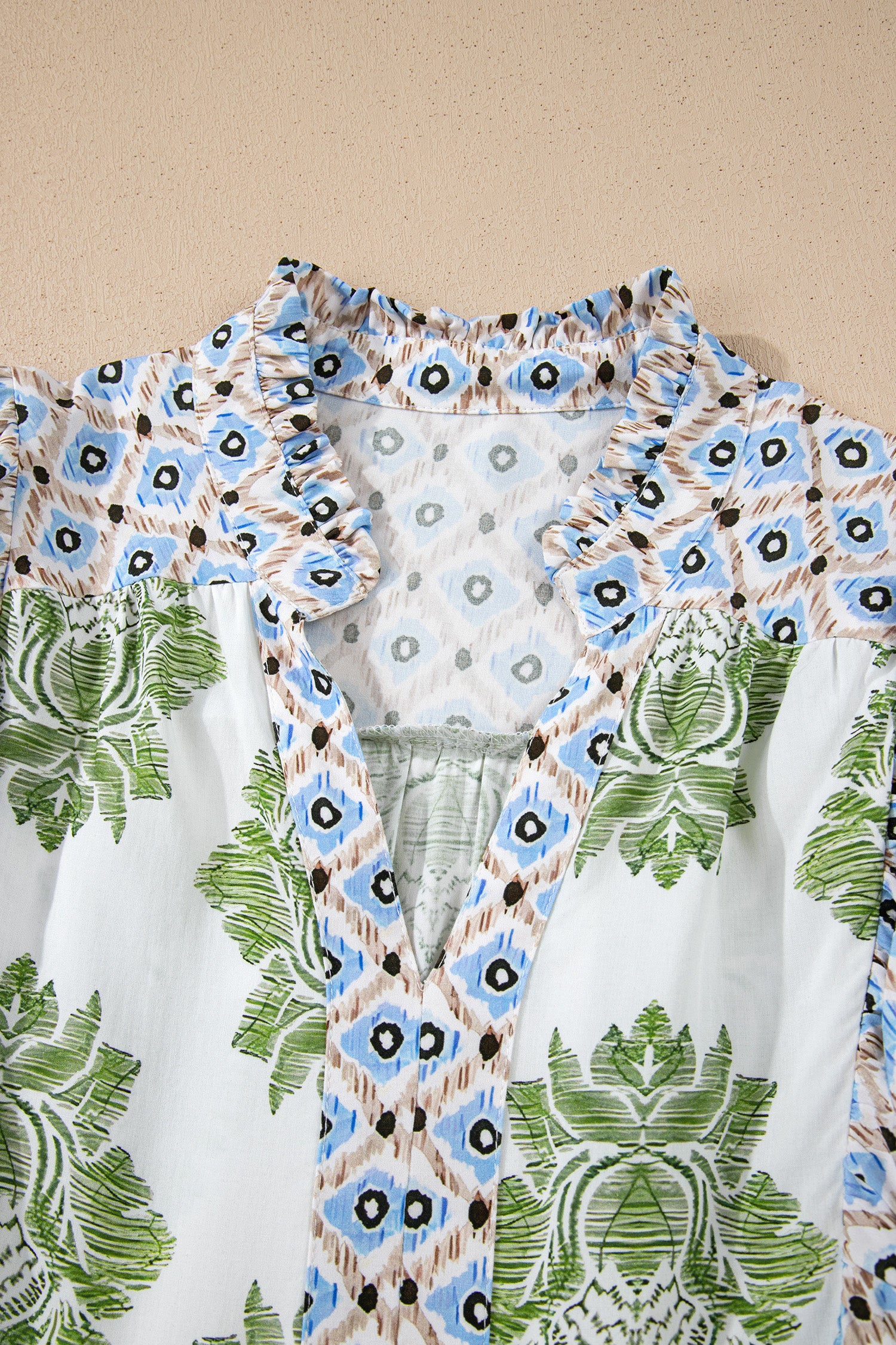 Green Floral Print Contrast Patchwork Ruffle Detail Mini Dress