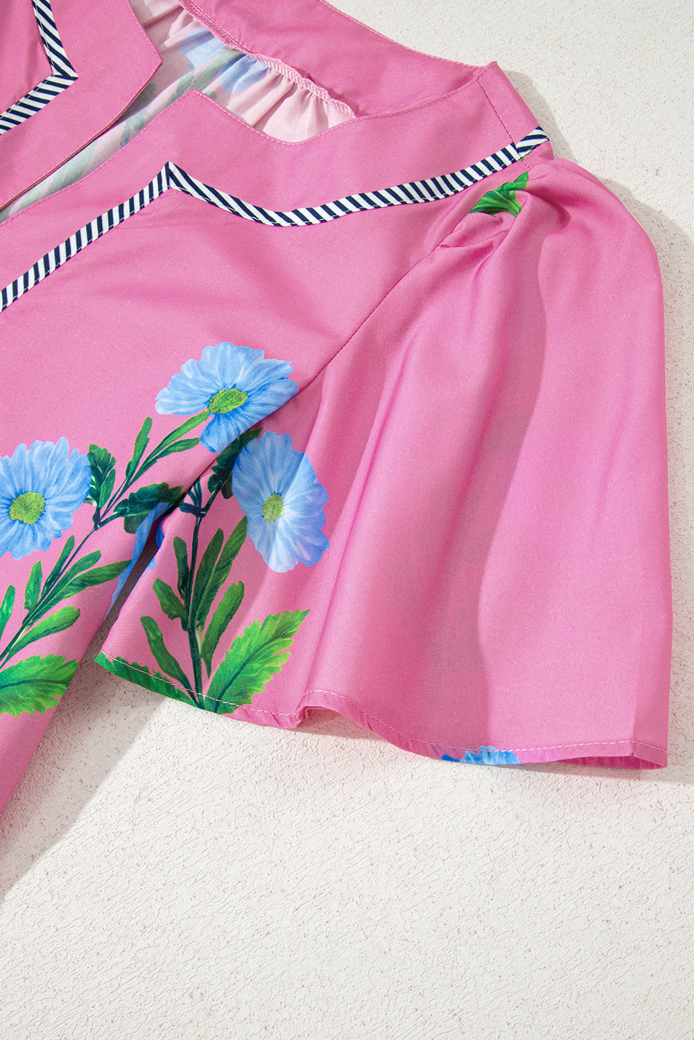Women's Pink Floral Short Sleeve Split Neck Loose Summer Mini Dress