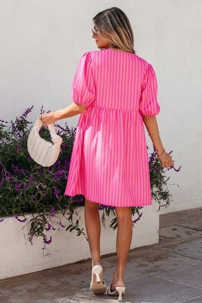 Women's Rose Striped Short Puff Sleeve Summer Mini Dress