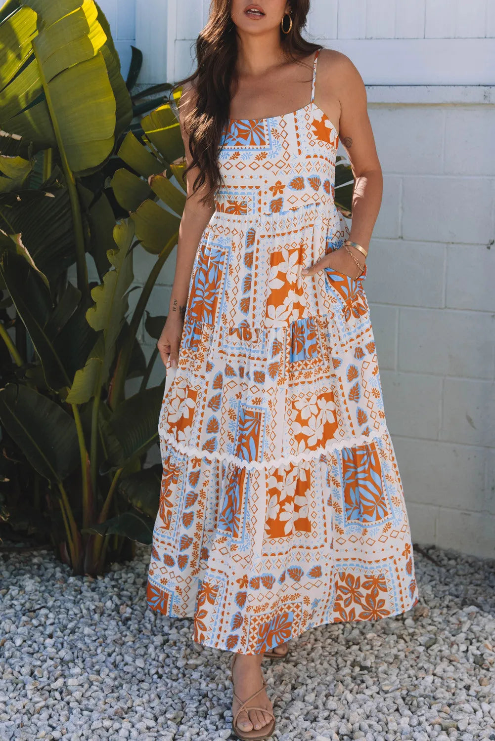 Orange Multi Print Maxi Dress with Ricrac Trim