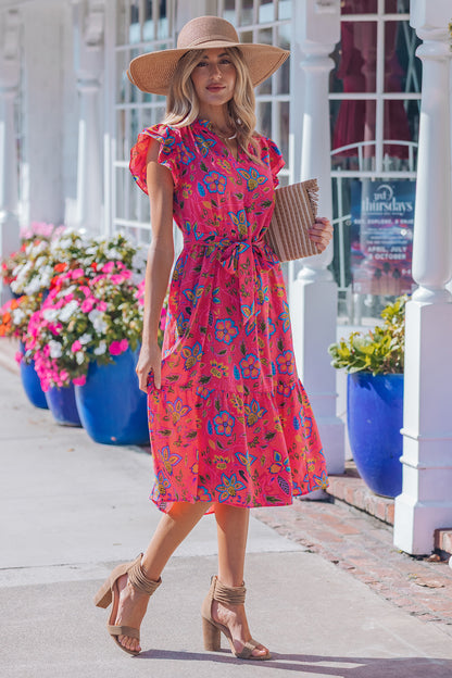 Women's Red Floral Flutter Sleeve Summer Midi Dress