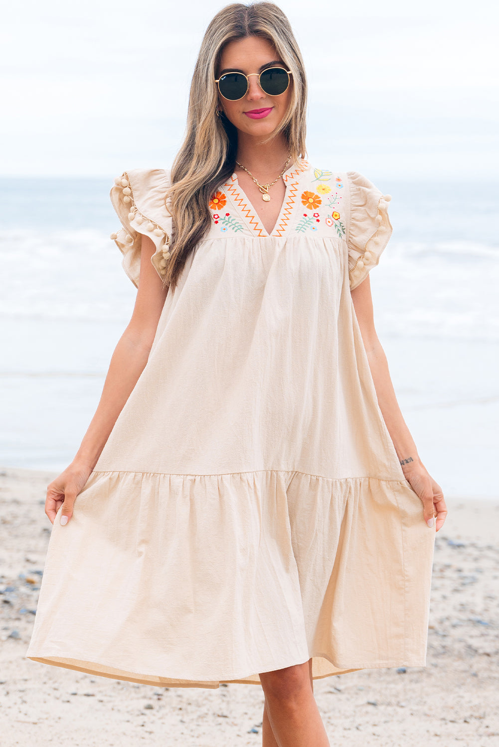 Embroidery Split Neck Pom Pom Ruffle Sleeves Flowy Mini Dress