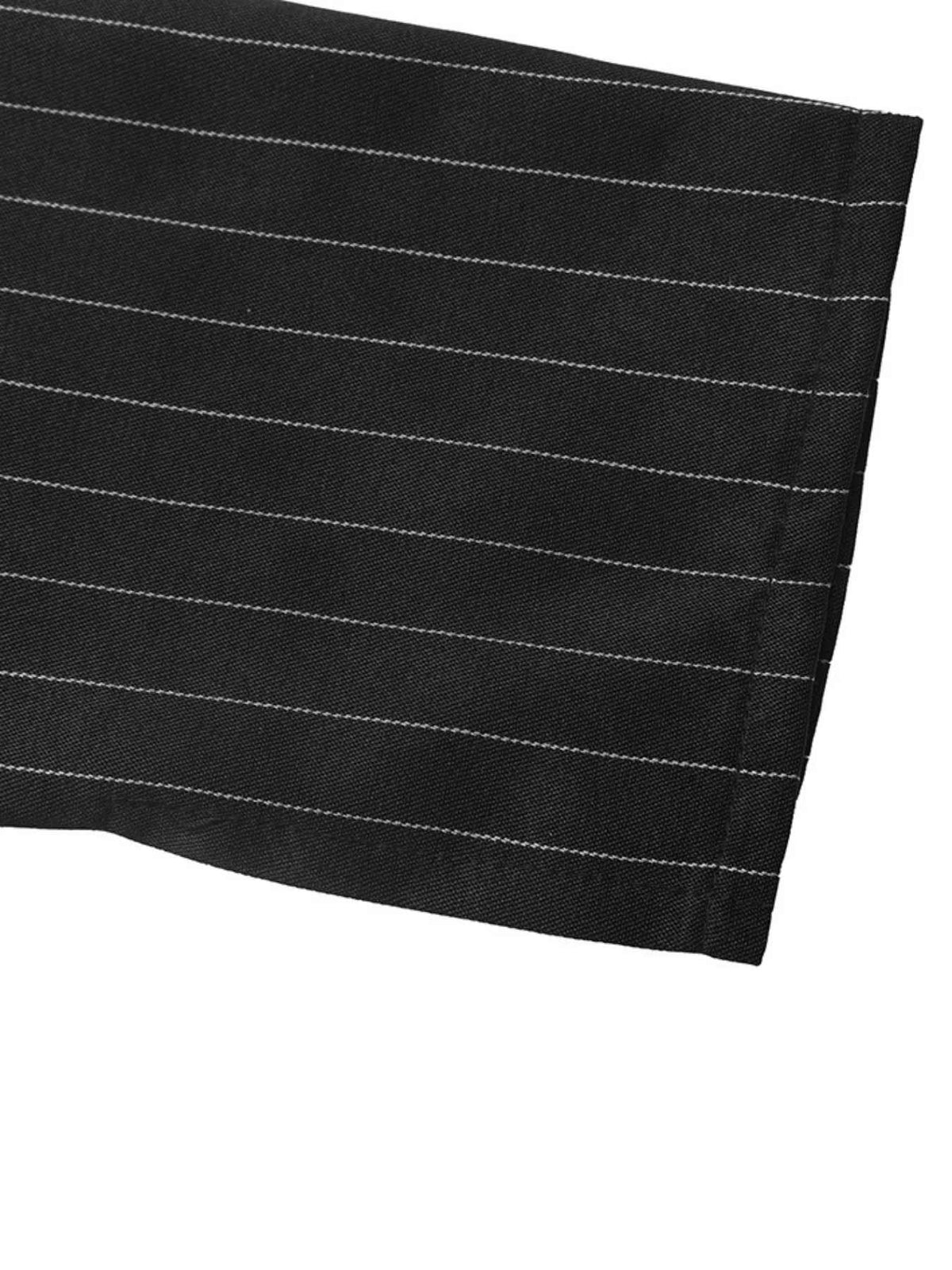 A close-up of a black fabric product, likely a shirt sleeve or pocket, featuring thin, evenly spaced white pinstripes and a matching white stitched edge, set against a plain white background.
