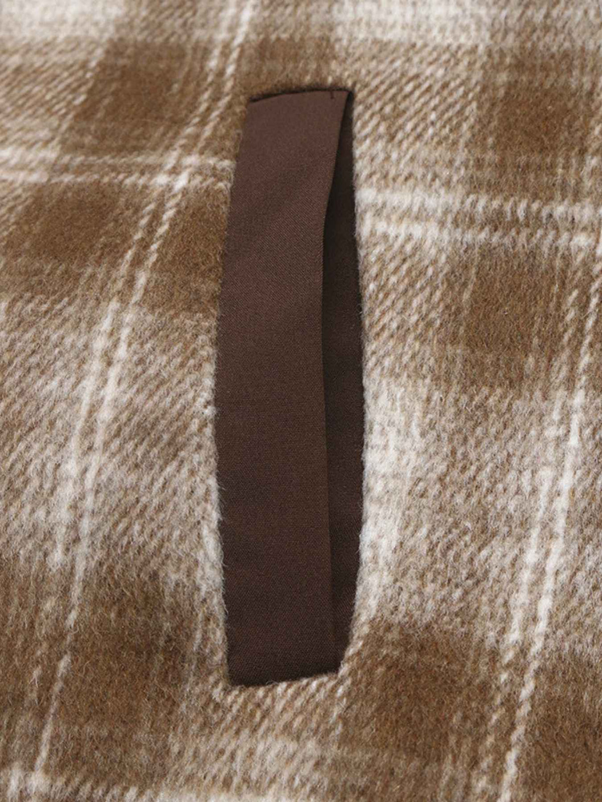 Camel Brushed Check Collarless Jacket with Brown Trim