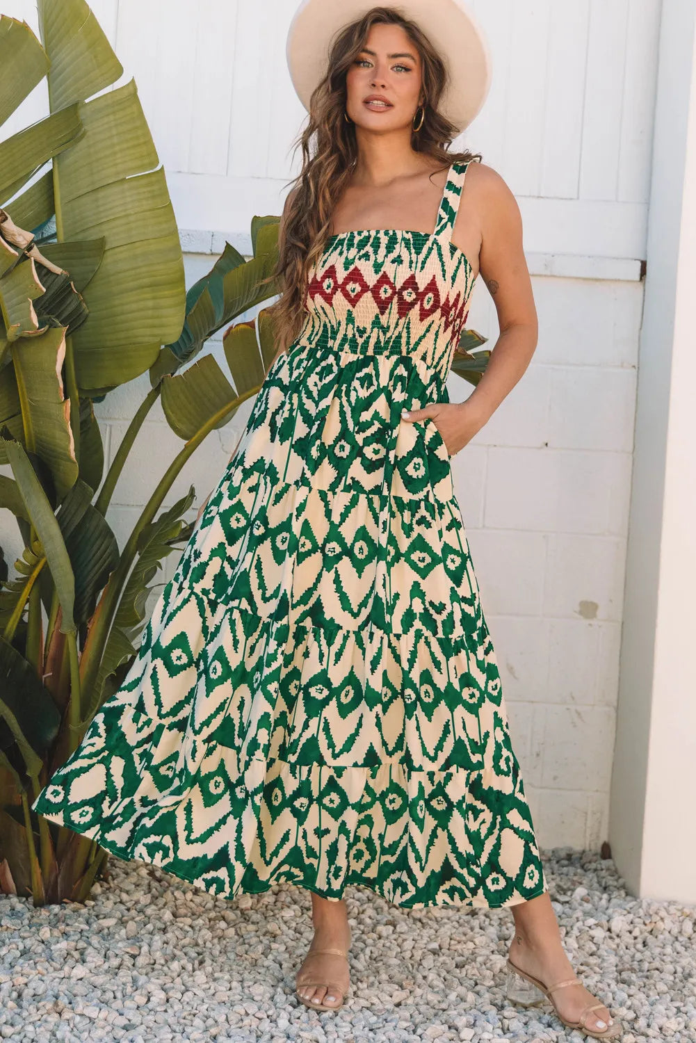 Green Aztec Print Shirred Maxi Dress