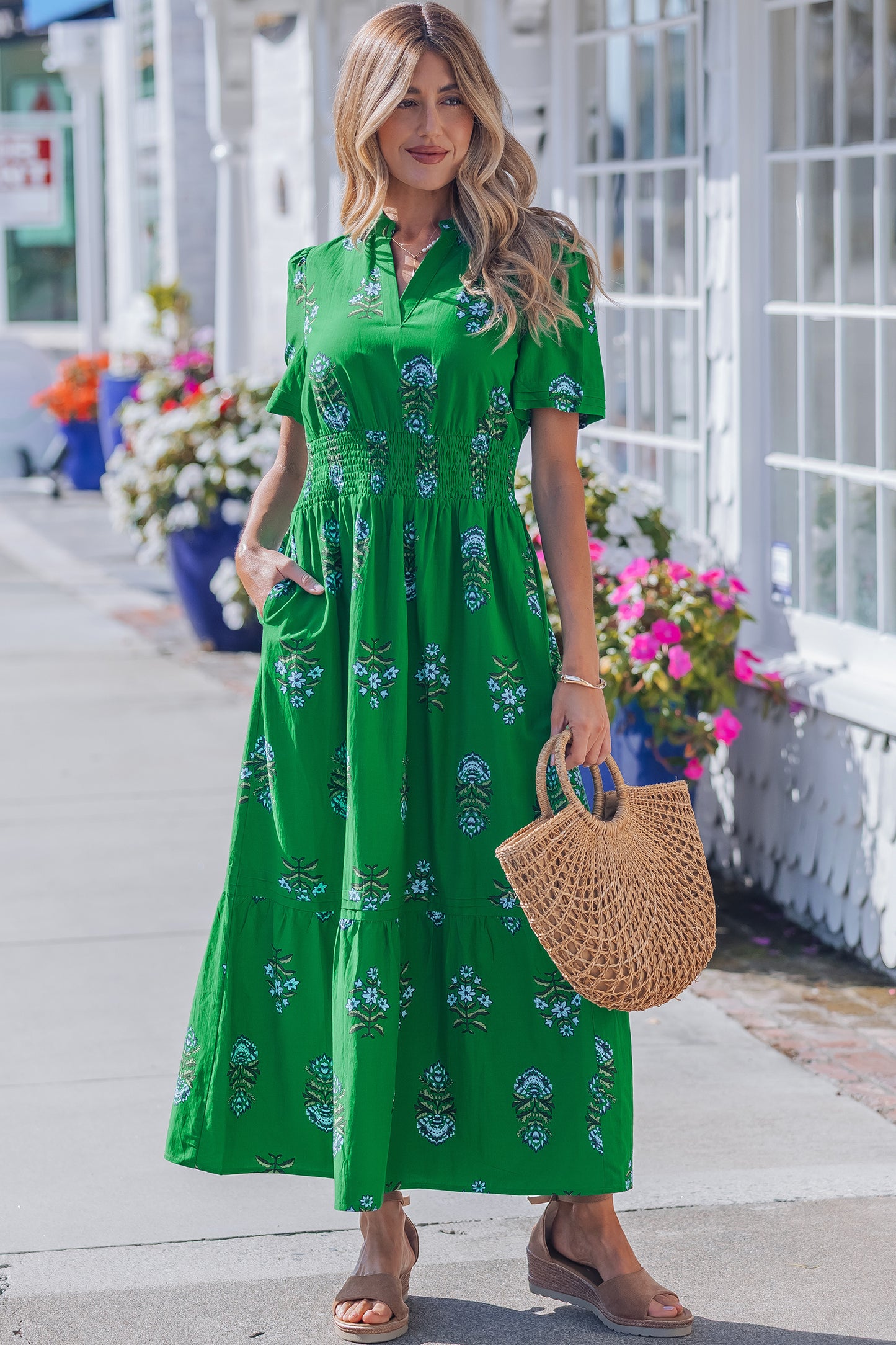 Women's Green Floral High Waist Summer Maxi Dress