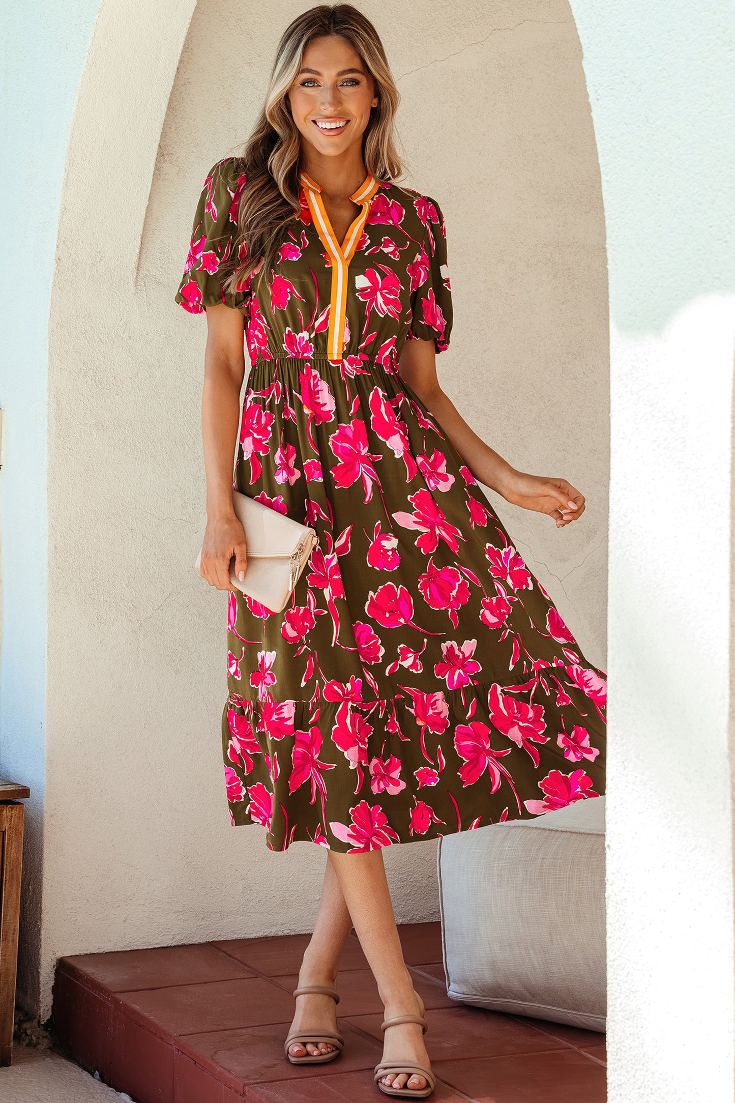 Women's Green Floral Trim Split Neck Short Puff Sleeve Summer Midi Dress