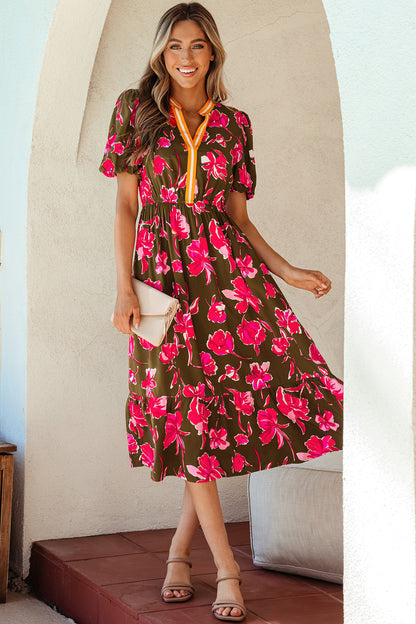 Women's Green Floral Trim Split Neck Short Puff Sleeve Summer Midi Dress
