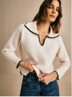 Blanket Stitch Open Collar Cropped Knit Jumper