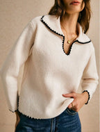 Blanket Stitch Open Collar Cropped Knit Jumper