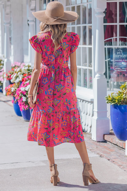 Women's Red Floral Flutter Sleeve Summer Midi Dress