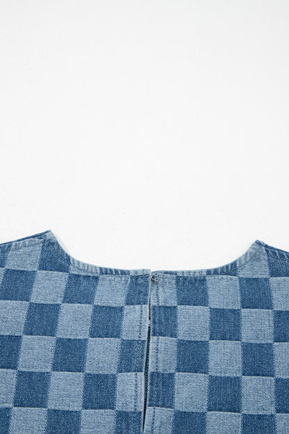 Women's Blue Frayed Hem Checkered Denim Summer Mini Dress
