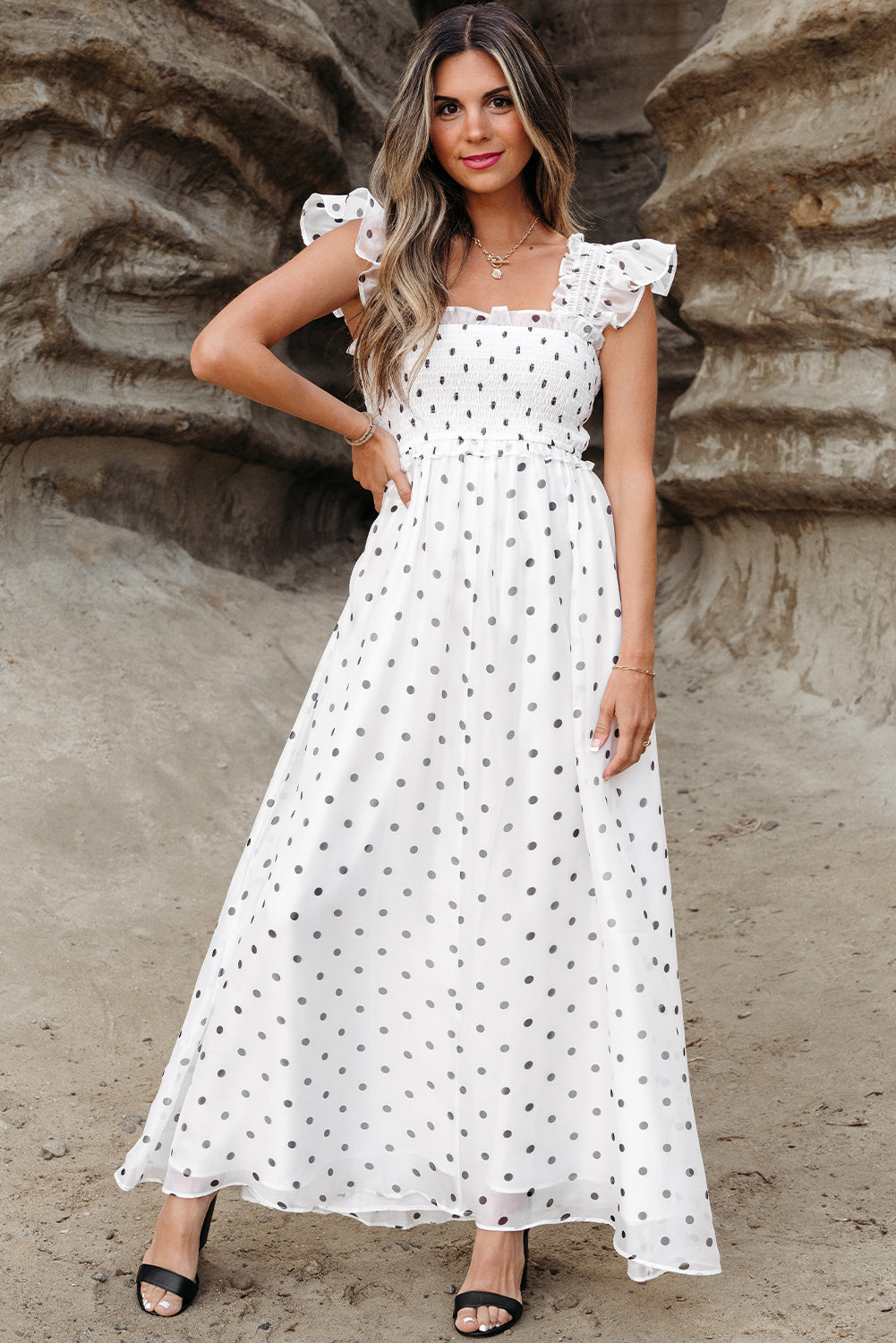 Women's White Polka Dot Flutter Sleeve Square Neck Summer Maxi Dress