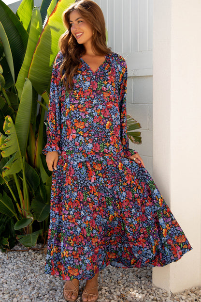 Women's Blue Floral V Neck Long Sleeve Summer Midi Dress