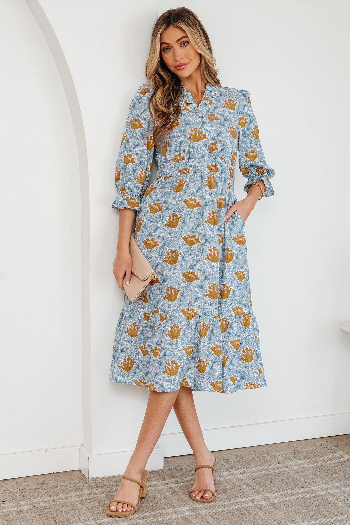 Women's Blue Floral V Neck Summer Midi Dress