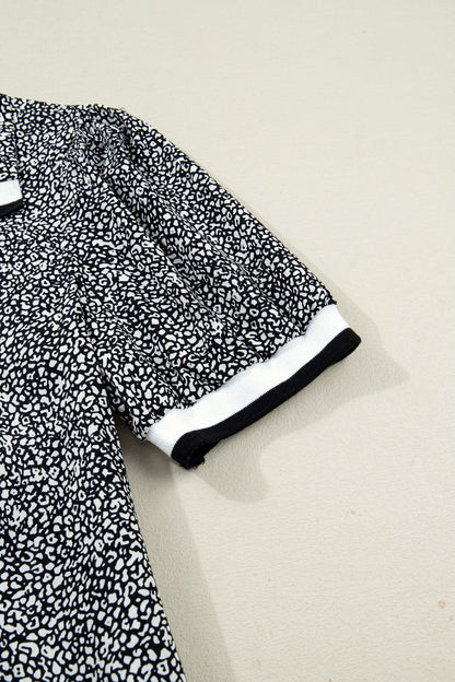 Women's Black Leopard Print Short Sleeve Summer Mini Dress with Pockets